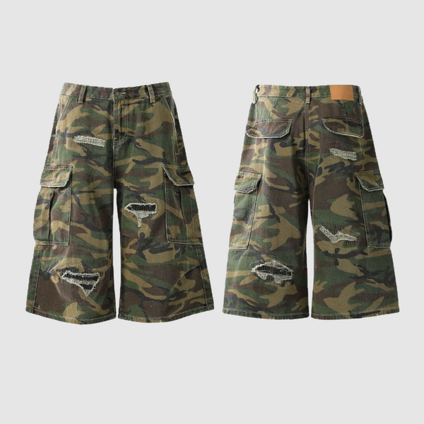 Distressed Camouflage Baggy Cargo Shorts