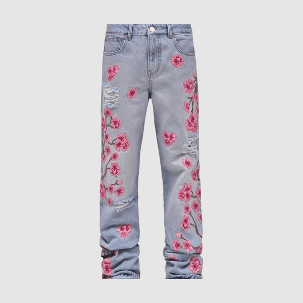 Embroidery Flowers Ripped Jeans