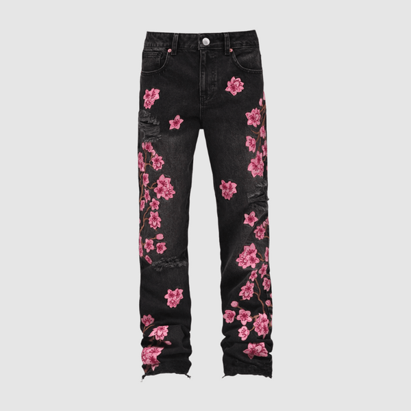 Embroidery Flowers Ripped Jeans