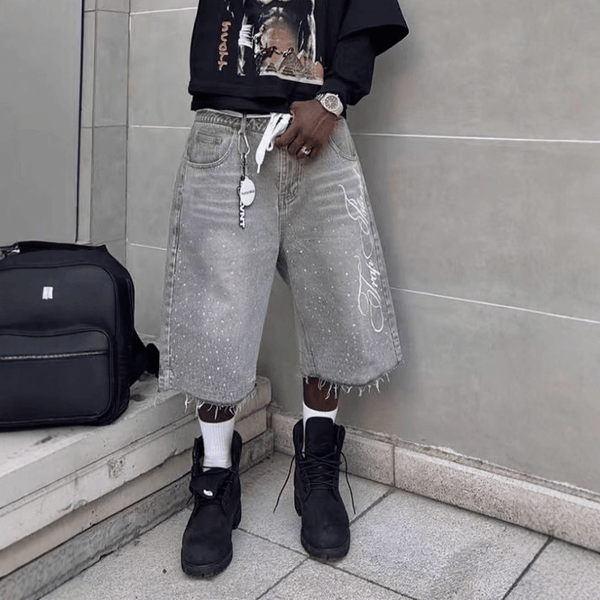 Letter Print Baggy Denim Shorts