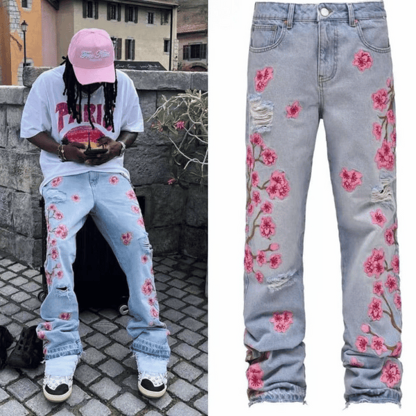 Embroidery Flowers Ripped Jeans